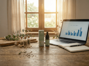 HEMPONIC 1 in hochwertiges Fläschchen CBD-Öl im Büro auf einem