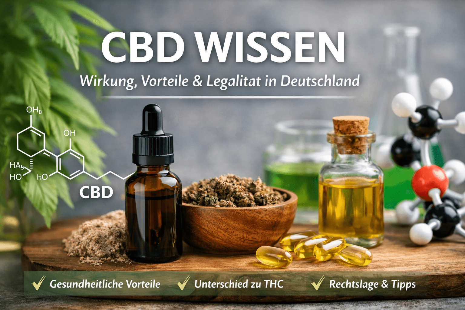 HEMPONIC 5 CBD Blog : Wirkung einfach erklärt.CBD Öl Tropfen aus Hanfpflanze auf Holzoberfläche – Darstellung der