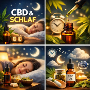 HEMPONIC 3 Illustration zum Thema CBD und Schlaf – entspannte Nachtszene mit CBD Öl und Symbolen für Schlafzyklus und Entspannung