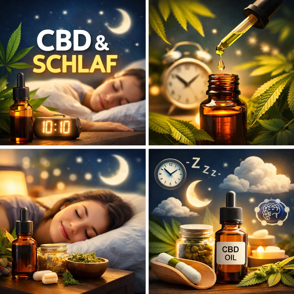 Illustration zum Thema CBD und Schlaf – entspannte Nachtszene mit CBD Öl und Symbolen für Schlafzyklus und Entspannung