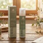CBD Kühlgel und Verpackung mit Kräutern und Naturzutaten auf Holztisch – natürliche Regeneration und Pflege