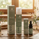 Hemponic CBD-Produkte: CBD 1000 Muskel & Gelenkgel und CBD 1000 Aromaöl 10% Vollspektrum, Präsentation auf Holztisch mit Kräutern und Pflanzen.