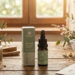 CBD Öl mit Kräutern und Naturzutaten auf Holztisch bei warmem Tageslicht – natürliche Entspannung und Wohlbefinden