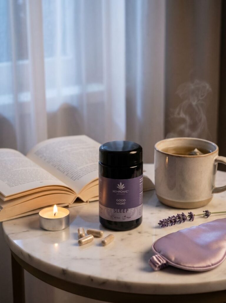 Nahaufnahme der Hemponic Good Night Sleep Dose mit verstreuten pflanzlichen Kapseln auf hellem Hintergrund.